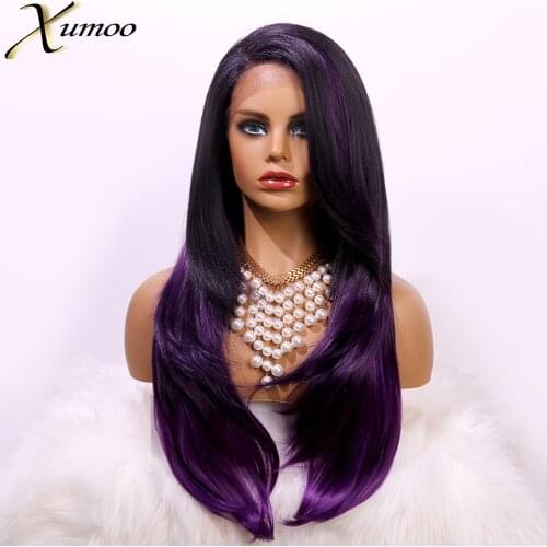 Xumoo Long Straight Layered Synthetic Wigs Colored Wig Purple Highlight Partial Division With Oblique Bangs Wig For Women