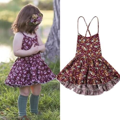 Dress For Girl Toddler Kids Baby Girl Floral Halter Skater Dress Backless Sleeveless Ruffle Dress 0-4T