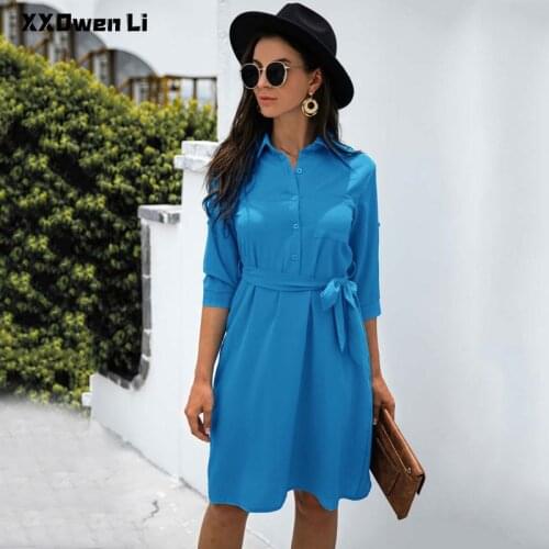 Autumn Pure Color Buttons Pocket Shirt Dress Woman Fashion Half Sleeve Lace Up Dress Office Lady Midi Dress For Women Robe Femme