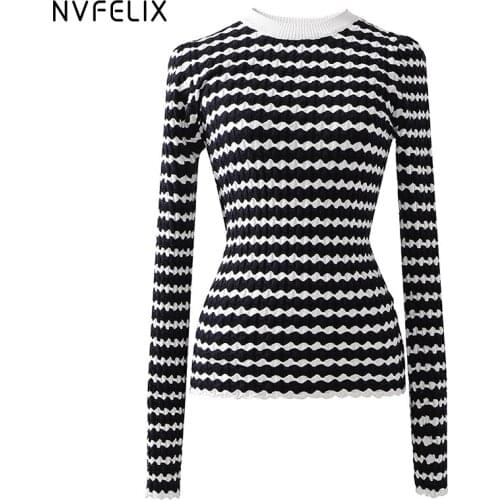 NVFelix Striped Knitted Bottoming Shirt Women 2020 New Autumn Winter Mom Sweaters Pullovers Fashion O-Neck Female Base Coat
