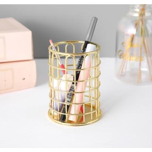 Simple Cylindrical Gold Wrought Iron Desktop Office Sstorage Tube