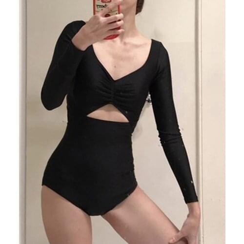 Sexy Cut Out One Piece Swimsuit Women Solid Swimwear Long Sleeve Monokini Black Swim Suit Open Back Trikini Pad Bathing Suit