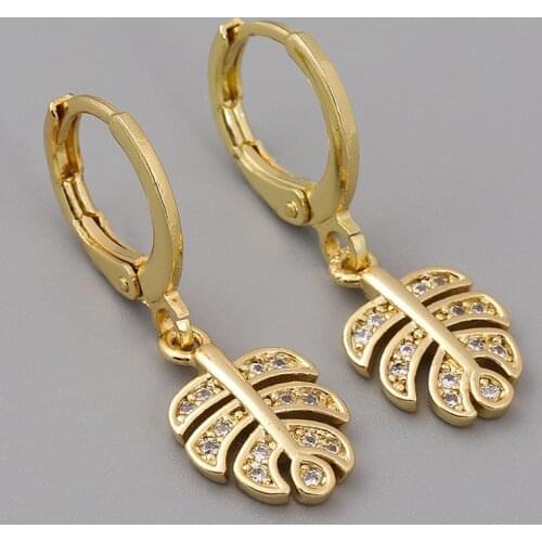 Fashion Gold Feather Dangle Earrings For Women Trendy Cubic Zircon Dainty Women Earrings Jewelry Gift