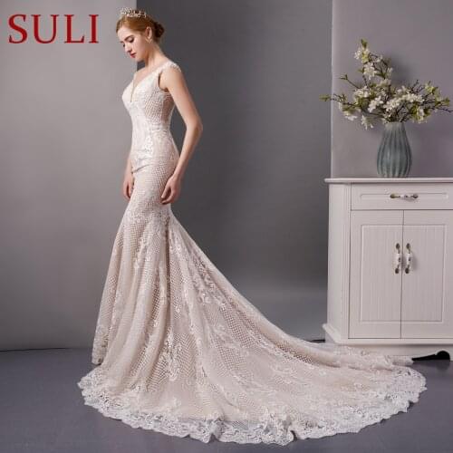 SL-6083 New Arrival Champagne Lace Mermaid Wedding Dresses Full Beading 2019