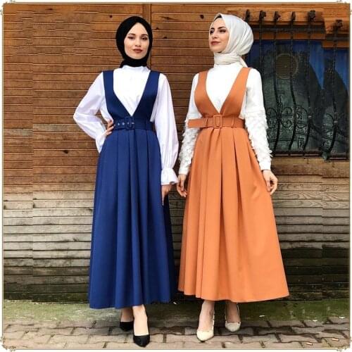 Muslim High Waist A-line Skirts Women Overall Two Shoulder Strap Suspender Skirt Slim Maxi Pleated Vestidos Islamic Clothing