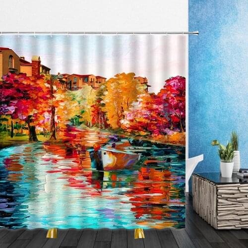 Cartoons Painting Shower Curtains Landscape Natural Scenery 3D Print Bathroom Home Decor Waterproof Polyester Cloth Curtain