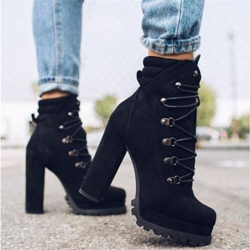 New Women Plus Size High Heels Ankle Boots Cross Straps Waterproof Platform Fashion Women High Heels Casual Solid Ankle Boots