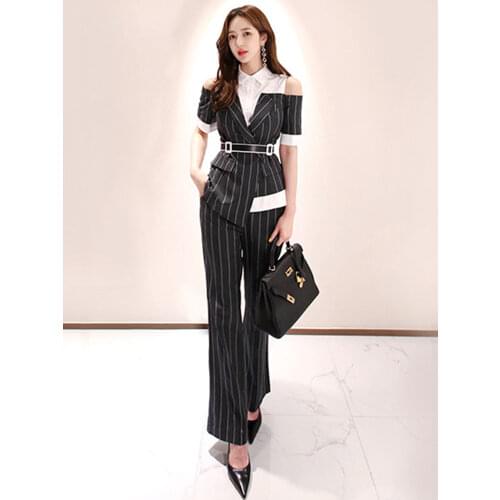 New arrival women temperament work style 2 pieces set off shoulder t-shirt and slim pant fashion party high quality ol women set