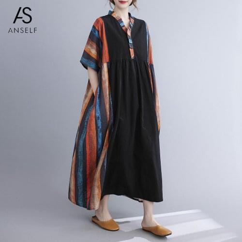 Anself Vintage Cotton Linen Splicing Print Dress Women Summer Maxi Dresses Casual Ladies Beach Party Robe Femme Vestido 2021