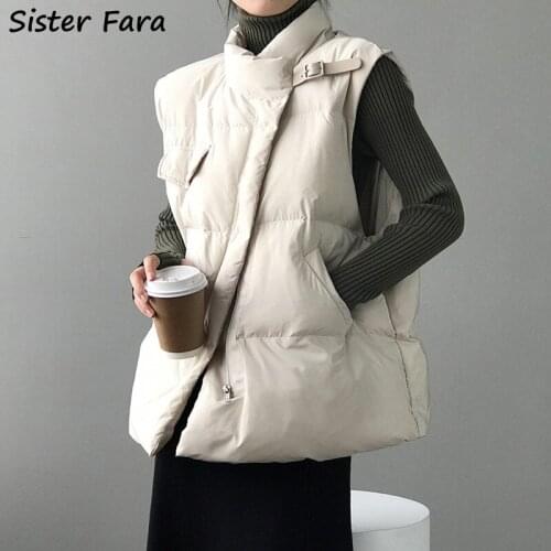 Sister Fara 2021 Winter Waistcoat Windproof Solid Warm Female Duck Down Sleeveless Coat Cotton Padded Warm Stand Collar Vest