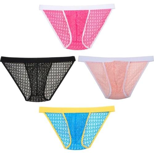 4PCS/Lot Transparent See-Through Circle Holes Sexy Mens Bikini Briefs Mesh Underwear Fashion Style Mini Shorts Underpants