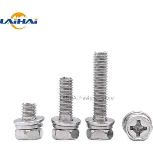 5/50pc M3 M4 M5 M6 M8 Stainless Steel Cross Phillips External Hex Hexagon Head SEM Screw Flat Washer Spring Gasket Assemble Bolt