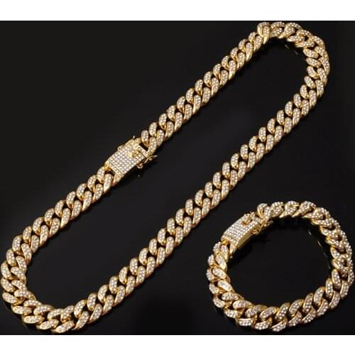 ALLICEONYOU13mm Necklaceh+Bracelet Stainless Steel Hip Hop Miami Curb Cuban Chain Set Iced Out Paved Rhinestones For Men Jewelry