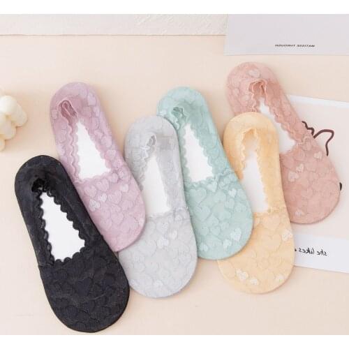 Anewmorn Spring Summer Cotton Silk Lace Invisible Womens Socks Asakuchi Love Pretty Ladies Sox Mesh Solid Color Non-slip Socken