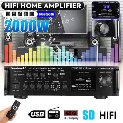 Sunbuck 2000W Setero Bluetooth Amplifier FM Karaoke Amplificador RC Support 2 Microphone For Speaker Treble Bass Control FM USB