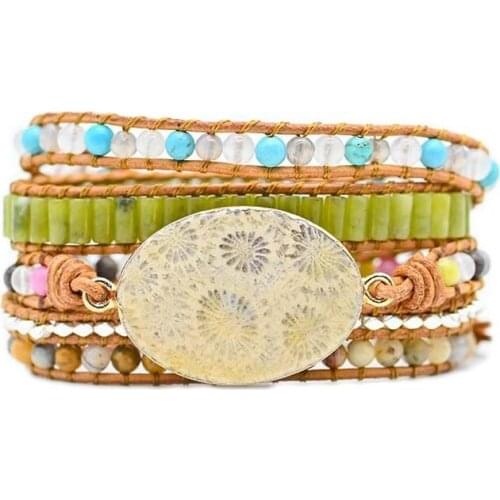 Natural Stone Bracelet Coral Jade Hand Woven Leather Bracelet Shoushan Stone Creative Multi-layer Charm Bracelet for Ladies