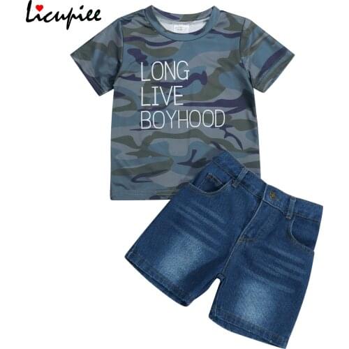 1-6 Years 2 Pcs Infant Camouflage Outfits, Baby Boys Letter Print Short Sleeve Round Neck T-shirt + Denim Shorts with Pockets