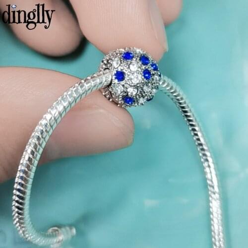 Dinglly 2pcs Blue Crystal Ball Fixing Clip Beads Charm Fit Bracelet & Necklace Jewelry Accessory Bangle Beaded