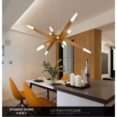 Designer art creative lighting modern minimalist wood dining room chandelier Nordic personality warm light led chandelier