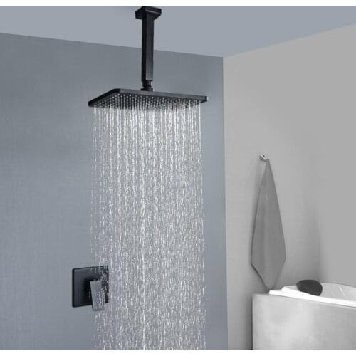 Black Square Rain Big Panel Shower Head Brass Built-in Shower Mixer Bathroom Wall & Ceiling Mounted Rainfall Shower Faucet Set