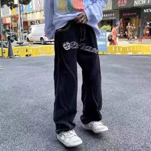 High Street Vintage Men Jeans Full Print Plant Flower Wide-leg Jeans Ethnic Style Loose Casual Denim Pants Couple Streetwear