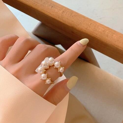 Personality exaggeration imitation pearl ring European and American fashion hipster contracted cold wind open ring