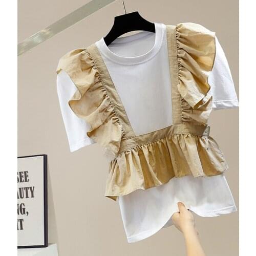 Fashion Vintage Crumpled Puff Sleeve Loose-Fitting Casual T-shirt Womens Outer Wear Sweet Ruffled Vest Top Feemme Two-Piece