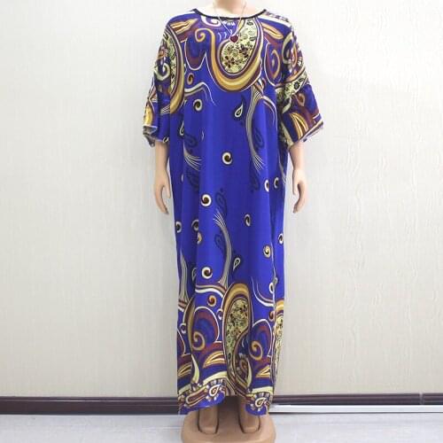 Fashionable African Blue 100% Cotton Floral Print O-Neck Butterfly Elegant Long Dress For Women Dashiki Dress With Big Scarf