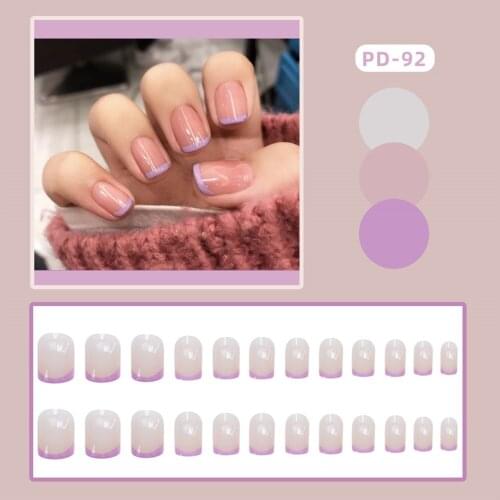 24Pcs/Set Fake Nails With Design Light Purple Edge Detachable Round Head French Nails DIY Nail Art Decoration For Manicures NN