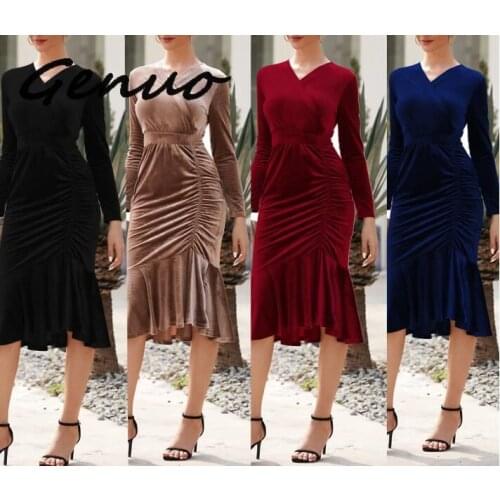 Genuo New 2019 Women Long Sleeve Velvet Midi Dress Elegant Evening Party Vestidos Classy Office Laides Work Dresses