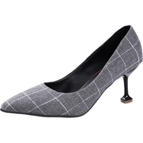 New Spring And Autumn Womens High Heels Workplace Retro Plaid Fashion Sexy Mature Wild Pointed Womens Shoes Black Gray B21-40