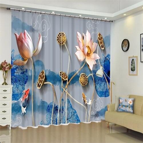 Customized Lotus Luxury 3D Blackout Window Curtain Drapes For Living room Bed room Hotel Wall Tapestry Cortinas