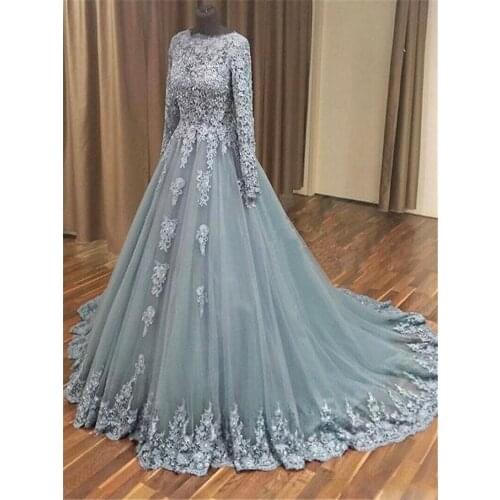 High Neck Grey Lace Applique Long Sleeves V-back Long Train Wedding Gowns Sexy Ball Gowns Bridal Dresses