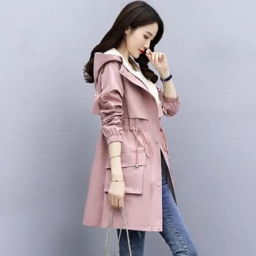 2021 New Letter Embroidery Trench Coat Women Spring Autumn Hooded Windbreakers Female Casual Wild Overcoat Waist drawstring Coat