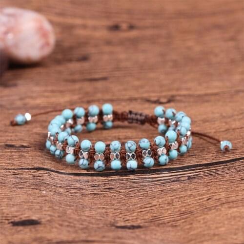 Unique Stone Silver Color Beads Wrap Bracelets Wholesale Handmade Bohemia Weaving Bracelet Birthday Gift Boho Jewelry Dropship