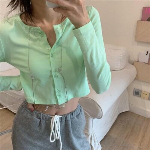 2020 New Arrival Women O Neck Crop T Shirts Summer Button Long Sleeve Autumn Chic T Shirt Streetwear Korean Female Knit Tee Tops