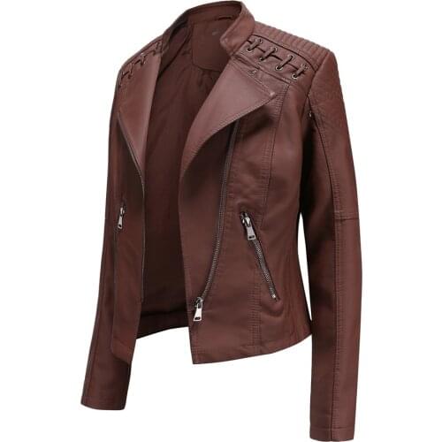Autumn New Women Turn-down Collar PU Faux Leather Jackets Women Black Red Biker Coat 2021 High-quality Short Casual Zipper Coat