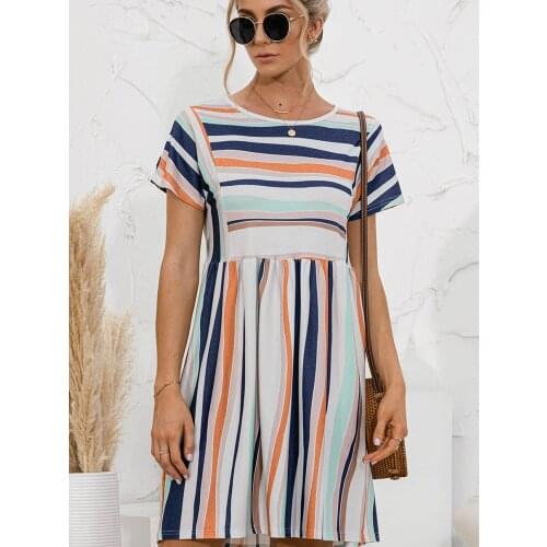 Womens Summer Casual O-neck Short-sleeved Fashion Striped Stitching Pleated High Waist A-line Pullover Mini Dress For Women