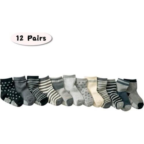 24 Pcs=12 Pairs Baby Kids Socks 2021 Striped Star Non Slip Dots with Grip Breathable Comfortable Cotton Boys Girls Toddler Sock