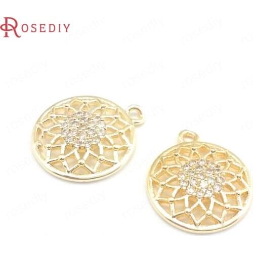 40620)10PCS 24K Champagne Gold Color Brass and Zircon Round Flower Charms Pendants Jewelry Making Supplies Diy Accessories