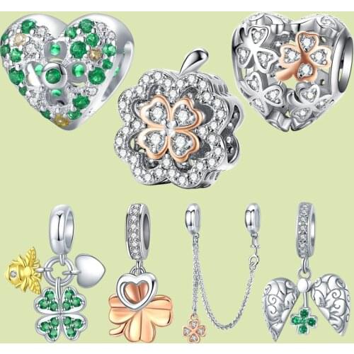 Womak 100% 925 sterling silver green zircon beads lucky clover charm heart clover pendant fit bracelet DIY woman jewelry making