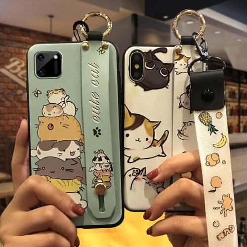 Anti-dust Back Cover Phone Case For OPPO Realme C11 Anti-knock Durable TPU Lanyard Phone Holder