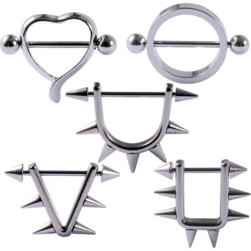 ChuanCI 2PCS Stainless Steel Shield Nipple Piercing Bar Jewelry Nipple Ring Barbell Heart Round Oval Body Piercing Jewelry