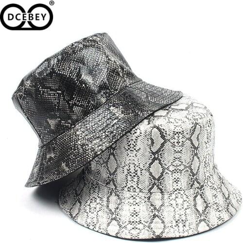 DCEBEY 2020 New PU Leopard Flat Bucket Hat Snake Pattern Fisherman Hat Men Women Double Sided Wear Panama Bucket Hat