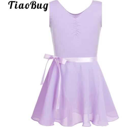 TiaoBug Kids Teens Sleeveless Ballet Gymnastics Leotard with Dance Tutu Chiffon Skirt Set Children Girls Two-piece Dance Costume