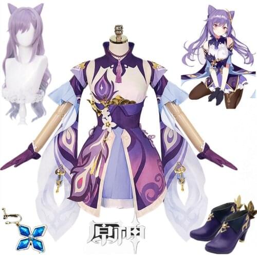 Genshin Impact Keqing Cosplay Halloween dress Genshin Ke Qing Impact Cosplay Costume Genshin Ke Qing purple wig custom-made shoe