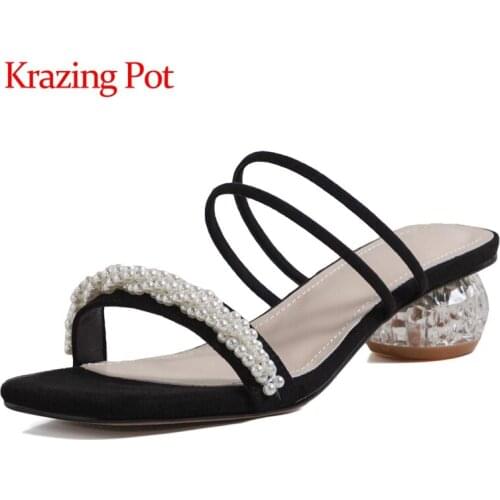 Krazing pot square toe strange style med heels shallow pearl beading high street fashion fairly outside slipper shoes women L80