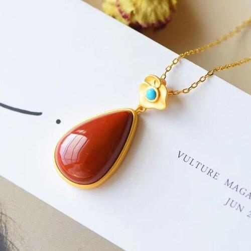 New S925 Sterling Silver Inlaid Natural South Red Water Drop Pendant Female Clavicle Chain Full Color Full of Meat South Red Gre