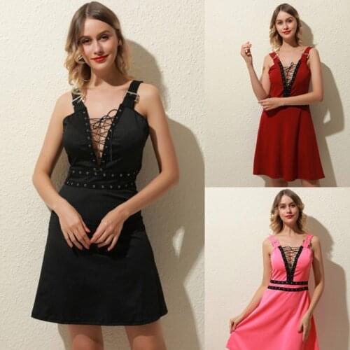 Women Mini Dresses Gothic Black Sexy Deep V Neck 2021 Fall Punk Sleeveless Rivet Fashion Tunic Hip Hop Bandage Female Dress