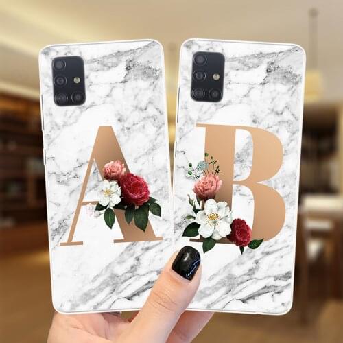 Marble Floral 26 Alphabet Letter A to Z Phone Case For Samsung A51 A50 A71 A70 A21S A11 A10 A20 A30 A31 Soft Silicone Cover